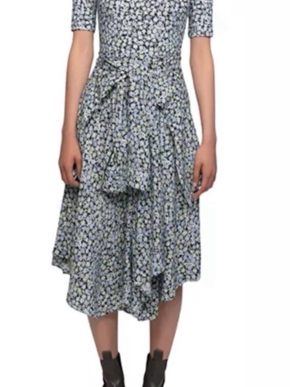 Maje Light Blue Floral Tiered Midi Skirt with Tie Waist